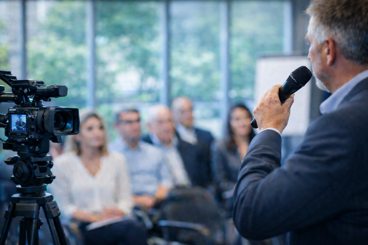 Élu en formation media training s’exprimant au micro face caméra devant un groupe